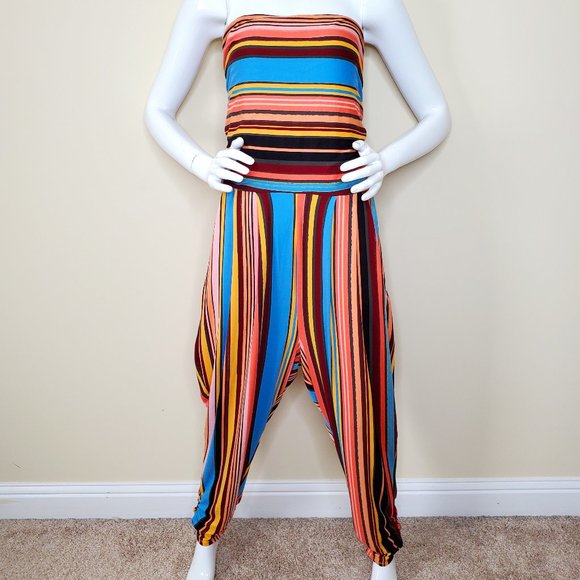 Full Circle Trends Women's Multicolor Striped Strapless Halter Jumpsuit SZ 3X - Picture 1 of 7